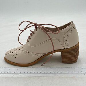 Beige Women's Perforated Lace-Up Oxfords Almond Toe Mid Chunky Heel Shoes